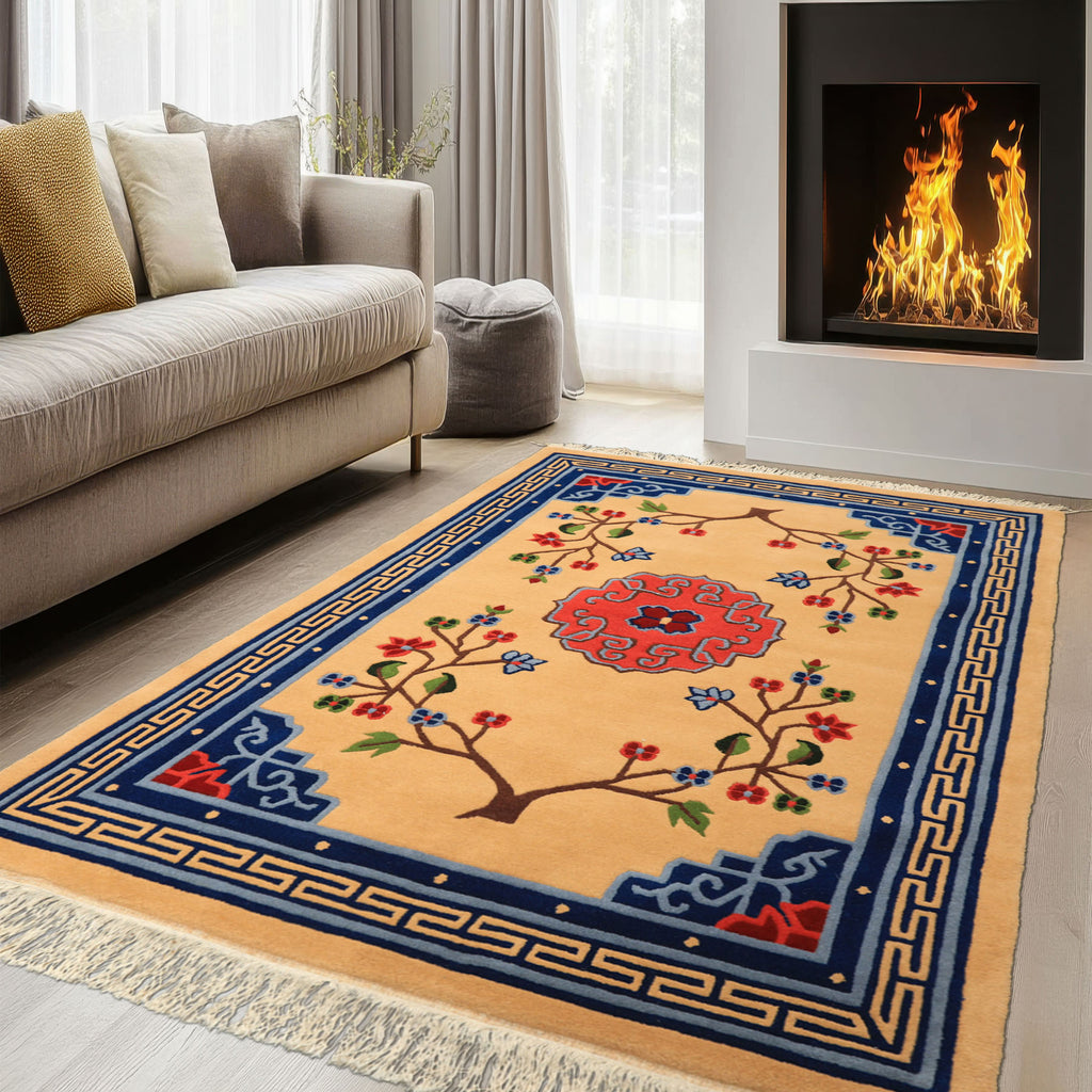 4x6 Tan, Navy, Coral Color Hand Knotted Tibetan Wool Chinese Art Deco Oriental Rug