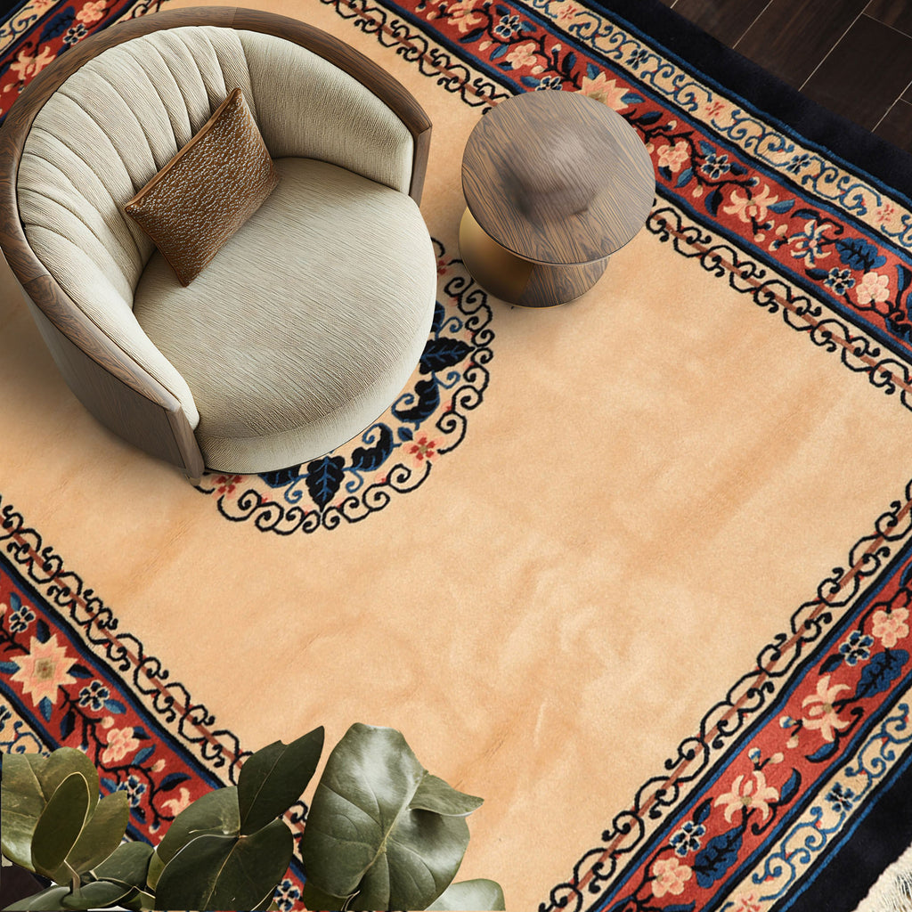 4x6 Light Peach, Caramel, Midnight Color Hand Knotted Chinese Art Deco Wool Traditional Oriental Rug