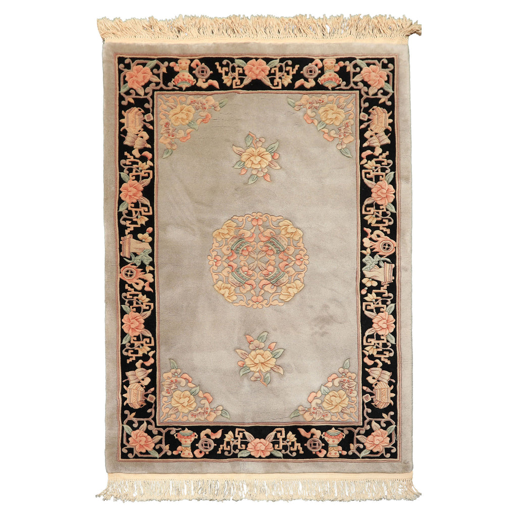 4x6 Gray, Black, Taupe Color Hand Knotted French Aubusson Savonnerie Wool Traditional Oriental Rug