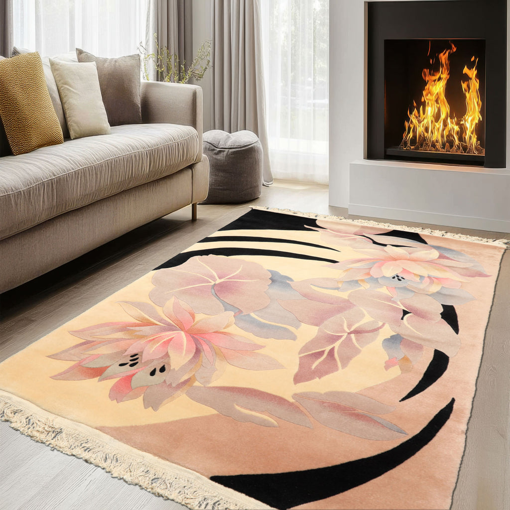 4x6 Ivory, Taupe, Lavender Color Hand Knotted Chinese Art Deco Wool Transitional Oriental Rug