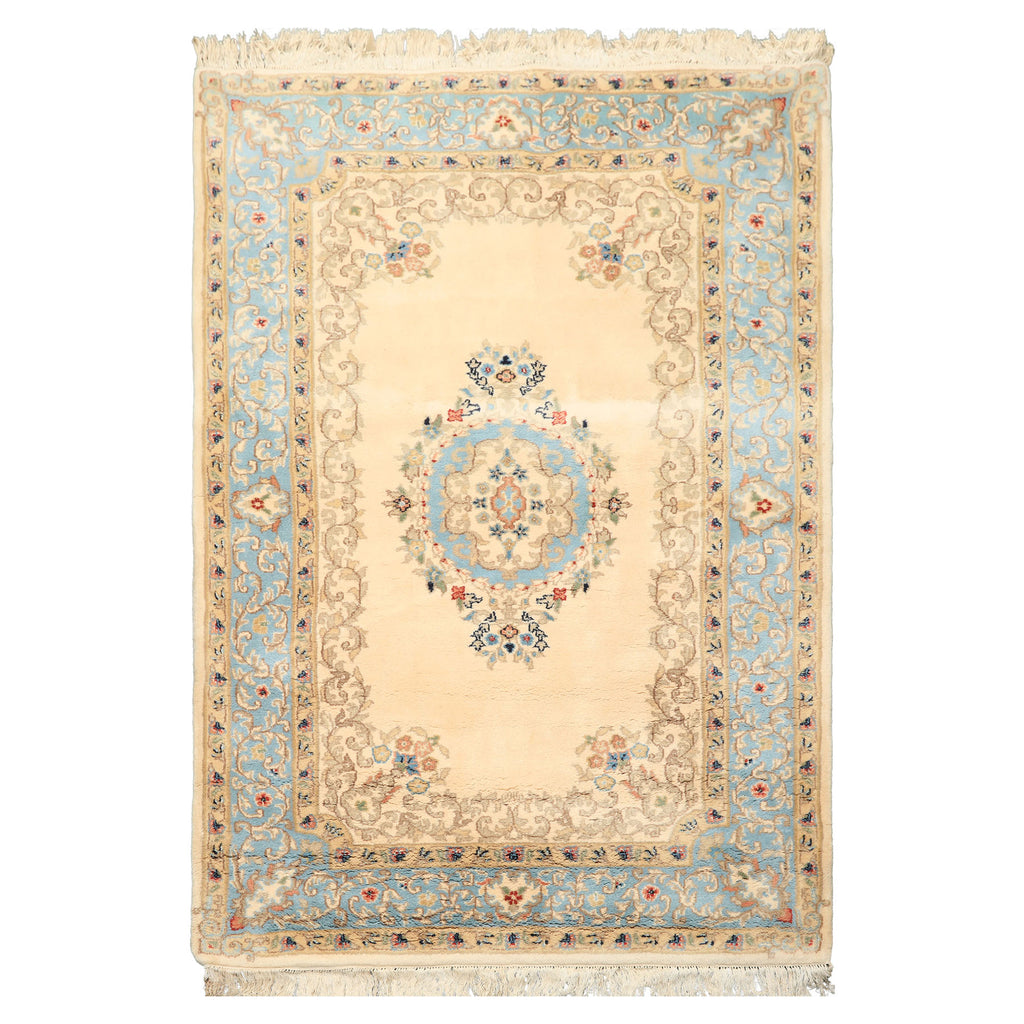 4x6 Ivory, Aqua, Tan Color Hand Knotted Indo Kerman Wool Traditional Oriental Rug