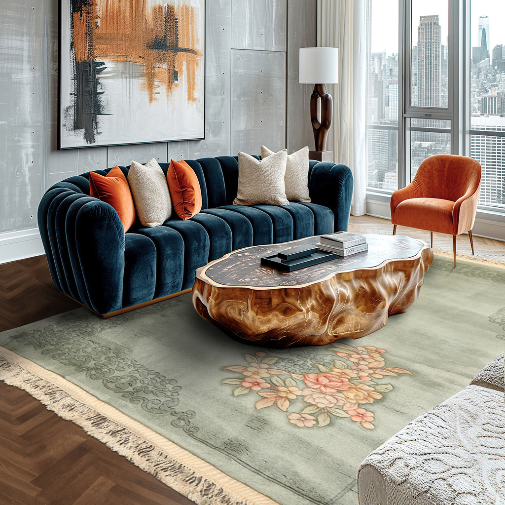 4x6 Celadon, Blush, Gold Color Hand Knotted Chinese Art Deco Wool Traditional Oriental Rug