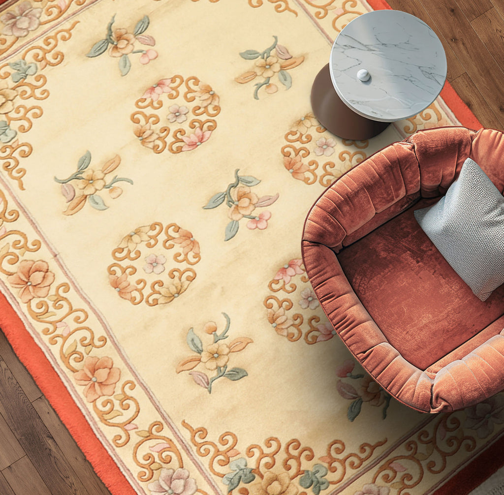 4x6 Beige, Caramel, Taupe Color Hand Knotted Chinese Art Deco Wool Traditional Oriental Rug