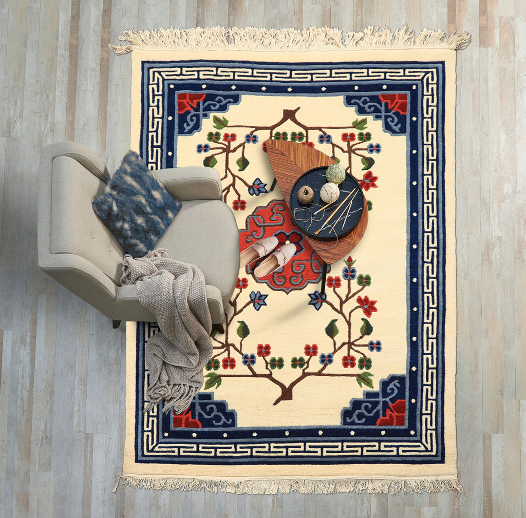 4x6 Ivory, Navy, Green Color Hand Knotted Tibetan Art Deco Wool Traditional Oriental Rug