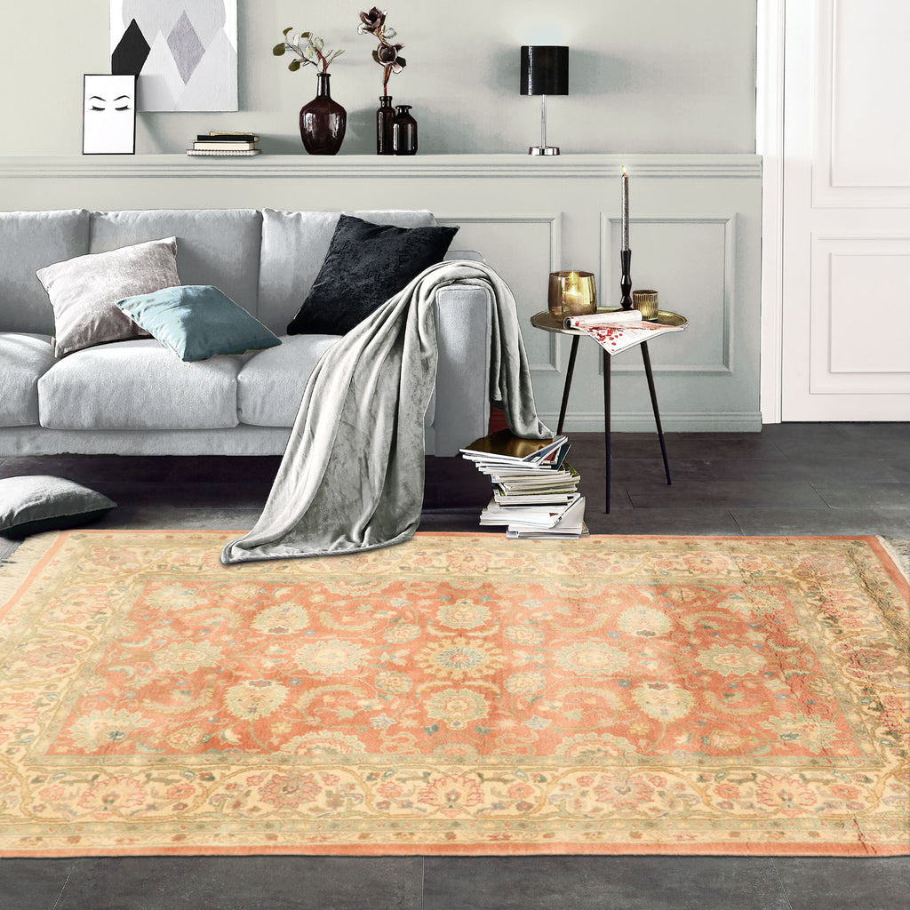 4x6 Blush, Ivory, Mint Color Hand Knotted Indo Kashan Wool Traditional Oriental Rug