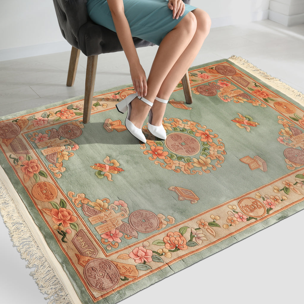 4x6 Hand Knotted Celadon Chinese Art Deco Traditional Medallion Wool Silky Sheen Plush Pile Velvety Soft Oriental Area Rug