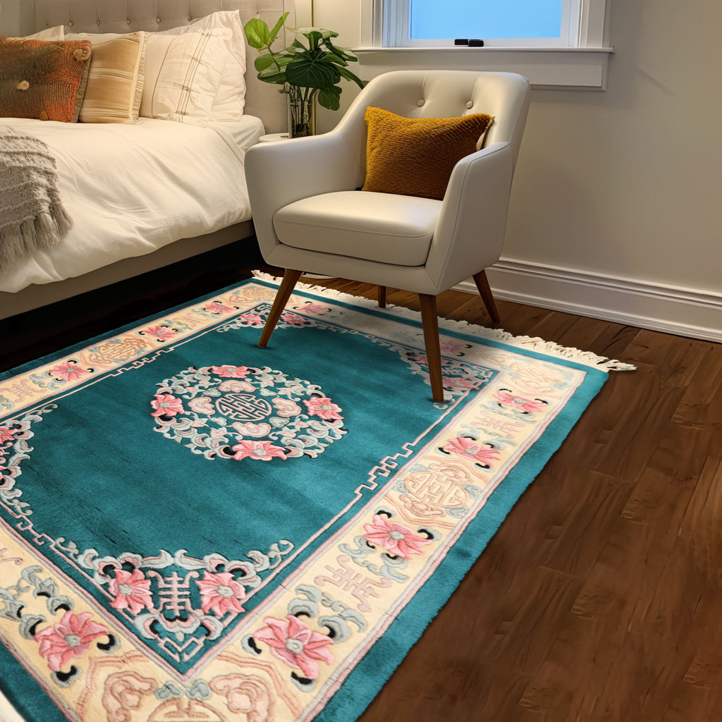 4x6 Hand Knotted Emerald Chinese Art Deco Traditional Medallion Wool Silky Sheen Plush Pile Velvety Soft Oriental Area Rug