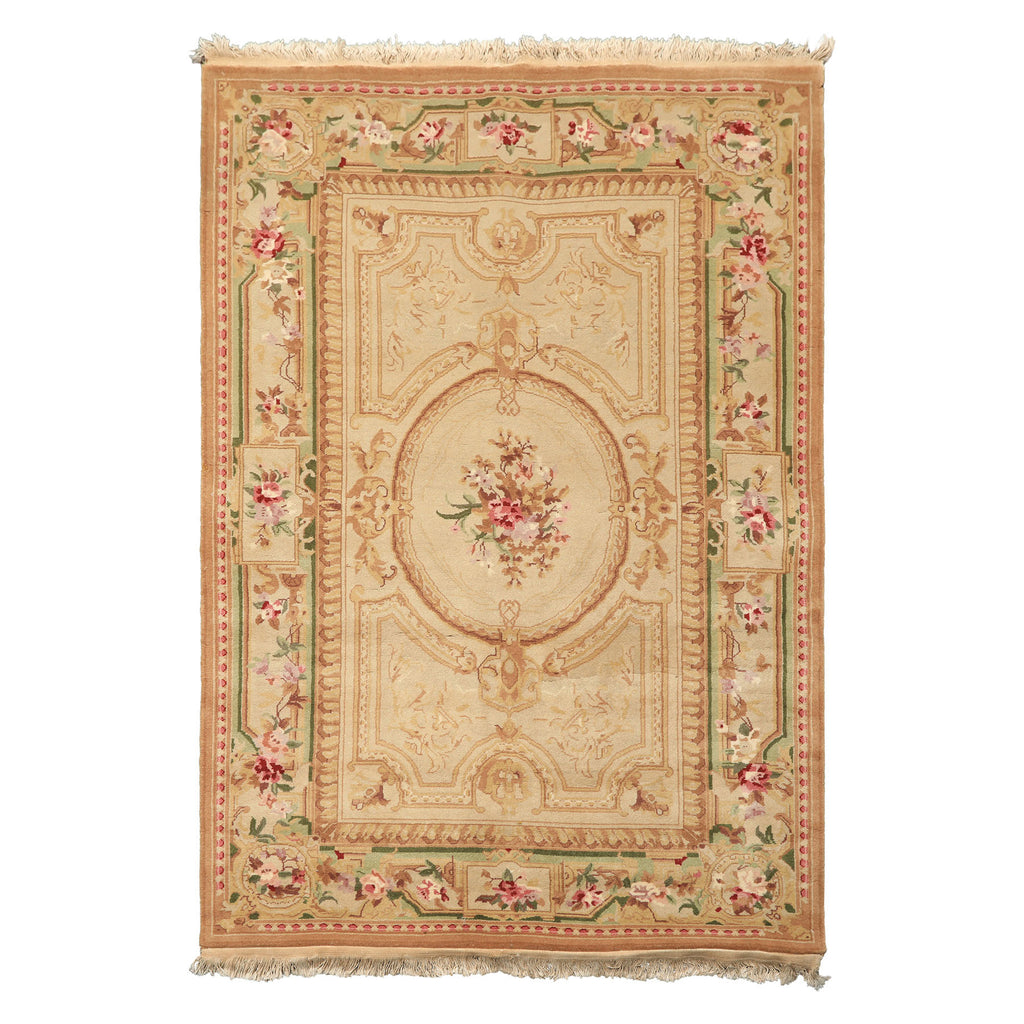 4x6 Beige, Tan, Brown Color Hand Knotted French Aubusson Savonnerie Wool Traditional Oriental Rug