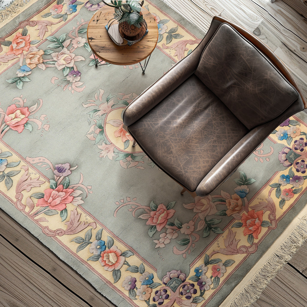 4x6 Hand Knotted Celadon Chinese Art Deco Traditional Floral Wool Silky Sheen Plush Pile Velvety Soft Oriental Area Rug