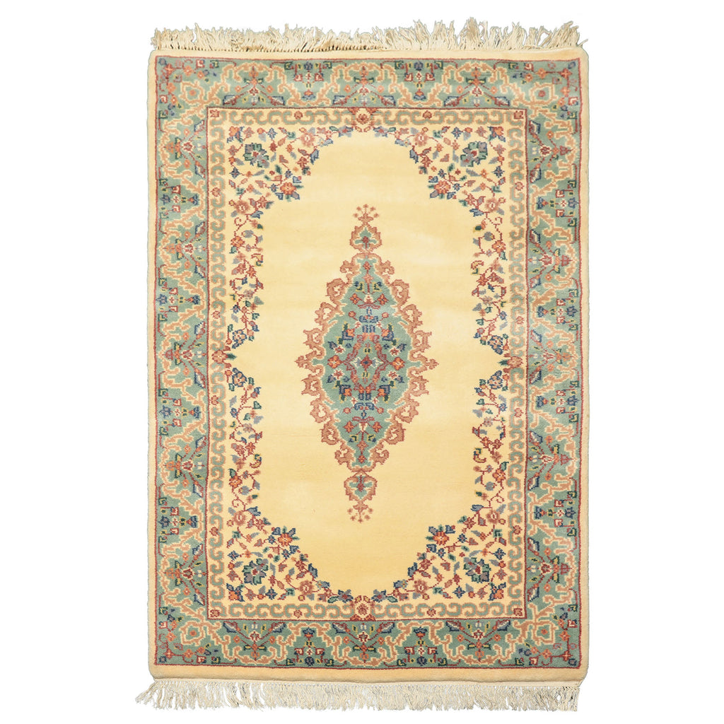 4x6 Ivory, Turquoise, Blush Color Hand Knotted Indo Kerman New Zealand Wool Traditional Oriental Rug