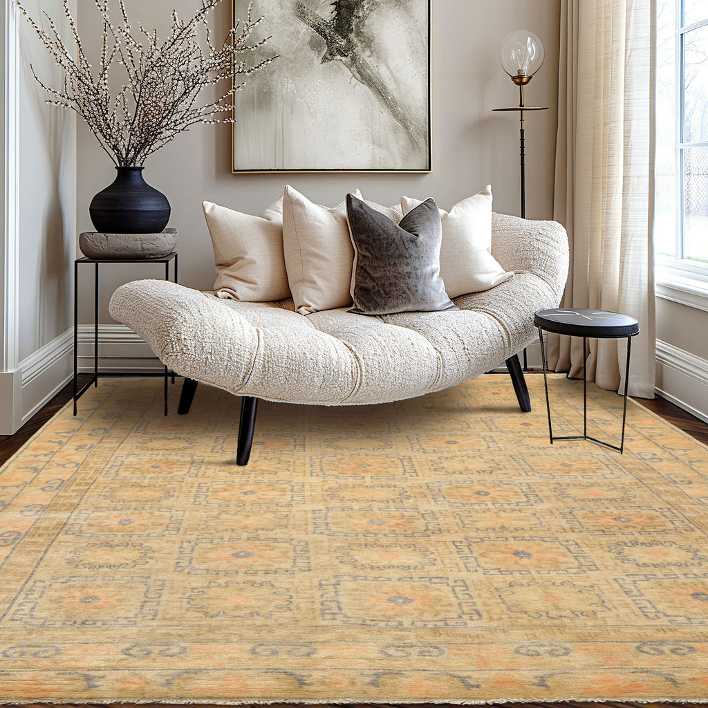 6x9 Beige, Peach, Slate Color Hand Knotted Oushak Wool Transitional Oriental Rug