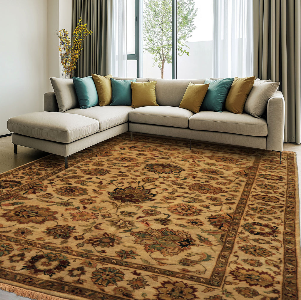 6x9 Tan, Sage, Brown Color Hand Knotted Agra Wool Traditional Oriental Rug