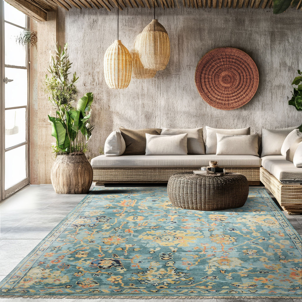 6x9 Teal, Gold, Burnt Orange Color Hand Knotted Oushak Wool Traditional Oriental Rug