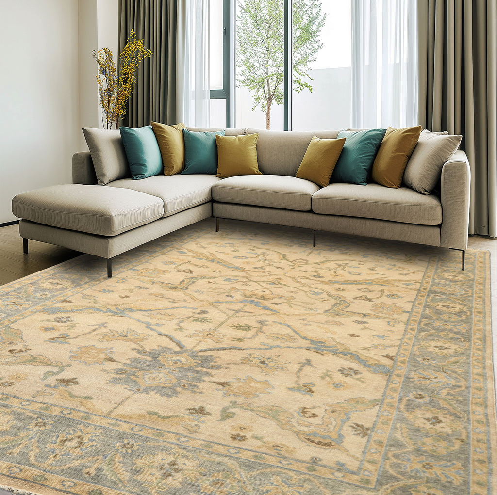 6x9 Beige, Aqua, Light Gold Color Hand Knotted Oushak Wool Traditional Oriental Rug