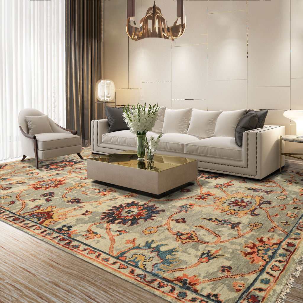 6x9 Gray, Beige, Gold Color Hand Knotted Oushak Wool Arts & Crafts Oriental Rug