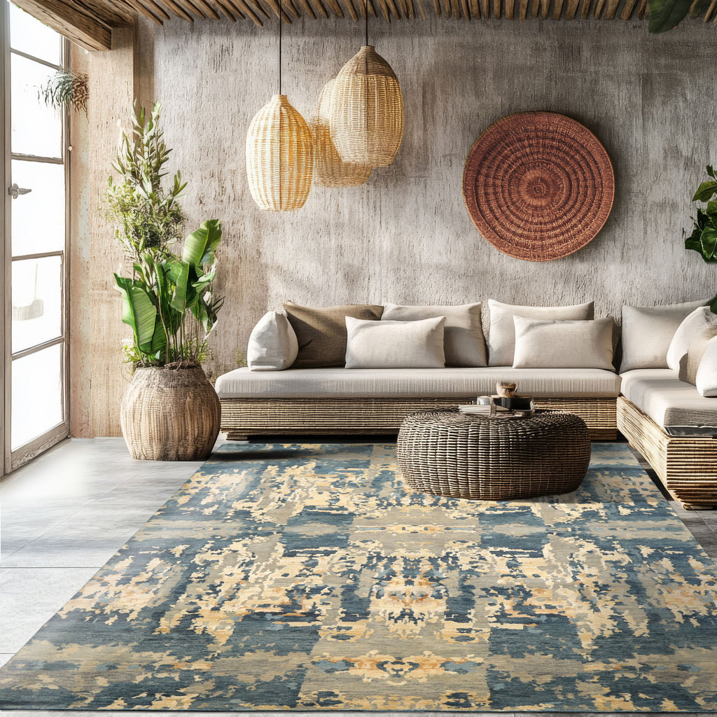 6x9 Gray, Aqua, Ivory Color Hand Knotted Indo Tibetan Wool & Bamboo Silk Modern & Contemporary Oriental Rug