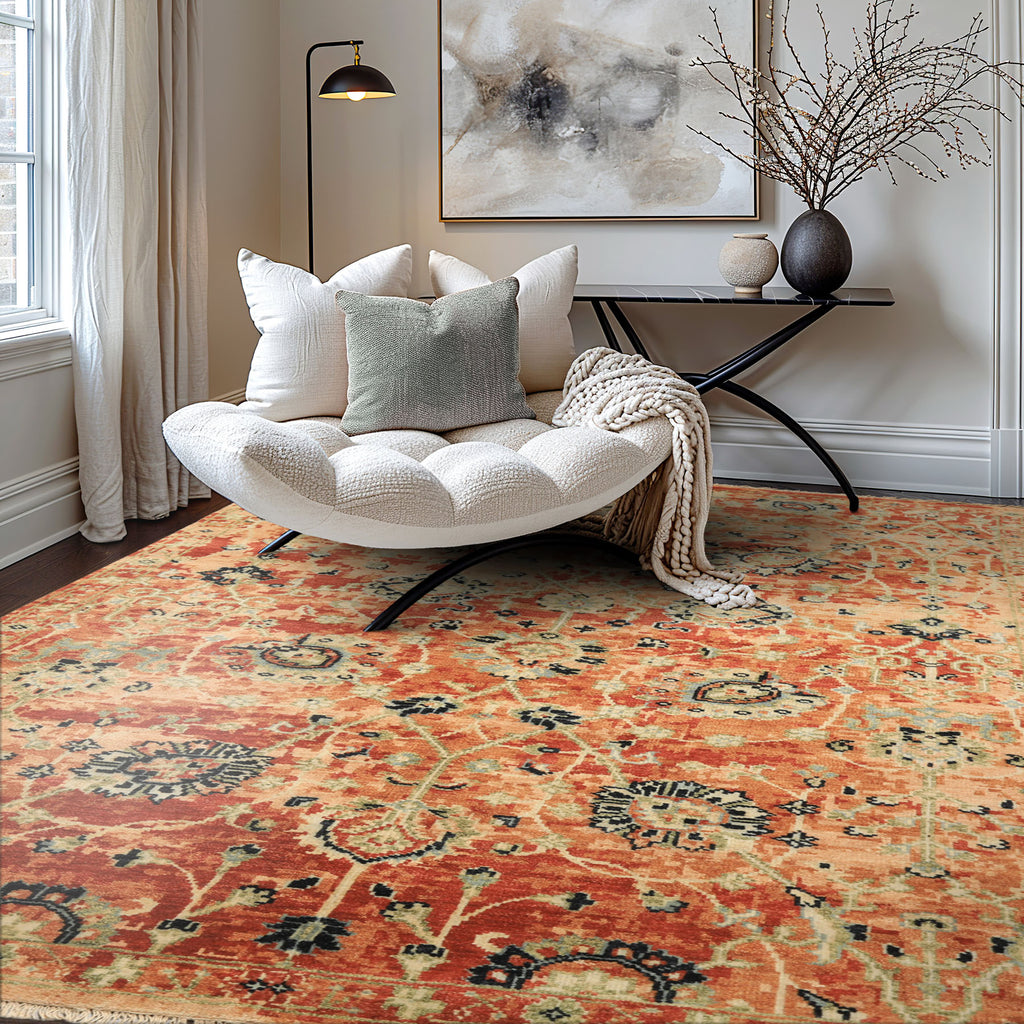 6x9 Burnt Orange, Blush, Aqua Color Hand Knotted Oushak Wool Arts & Crafts Oriental Rug