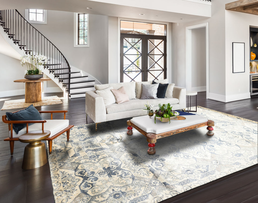 6x9 Ivory, Gray, Slate Color Hand Knotted Indo Tibetan 100% Bamboo Silk Transitional Oriental Rug