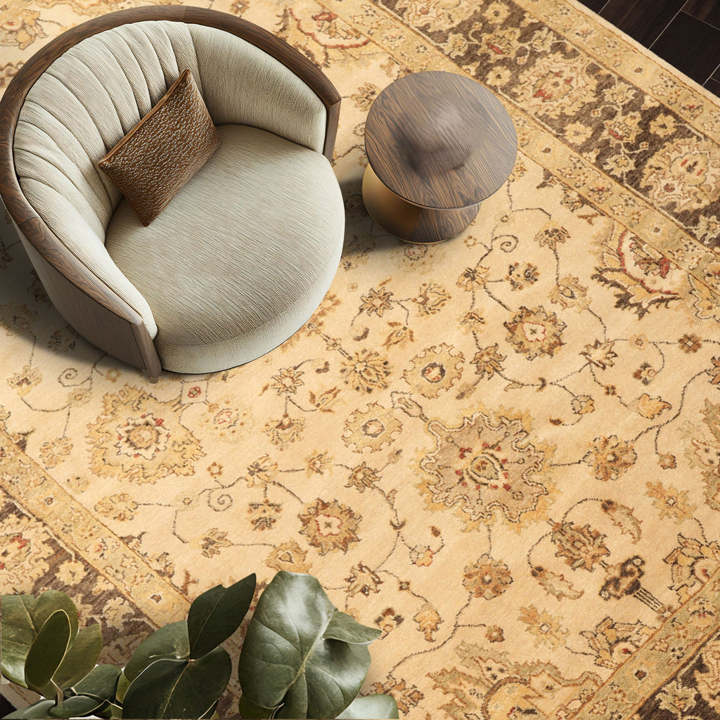 6x9 Beige, Brown, Sage Color Hand Knotted Oushak Wool Traditional Oriental Rug