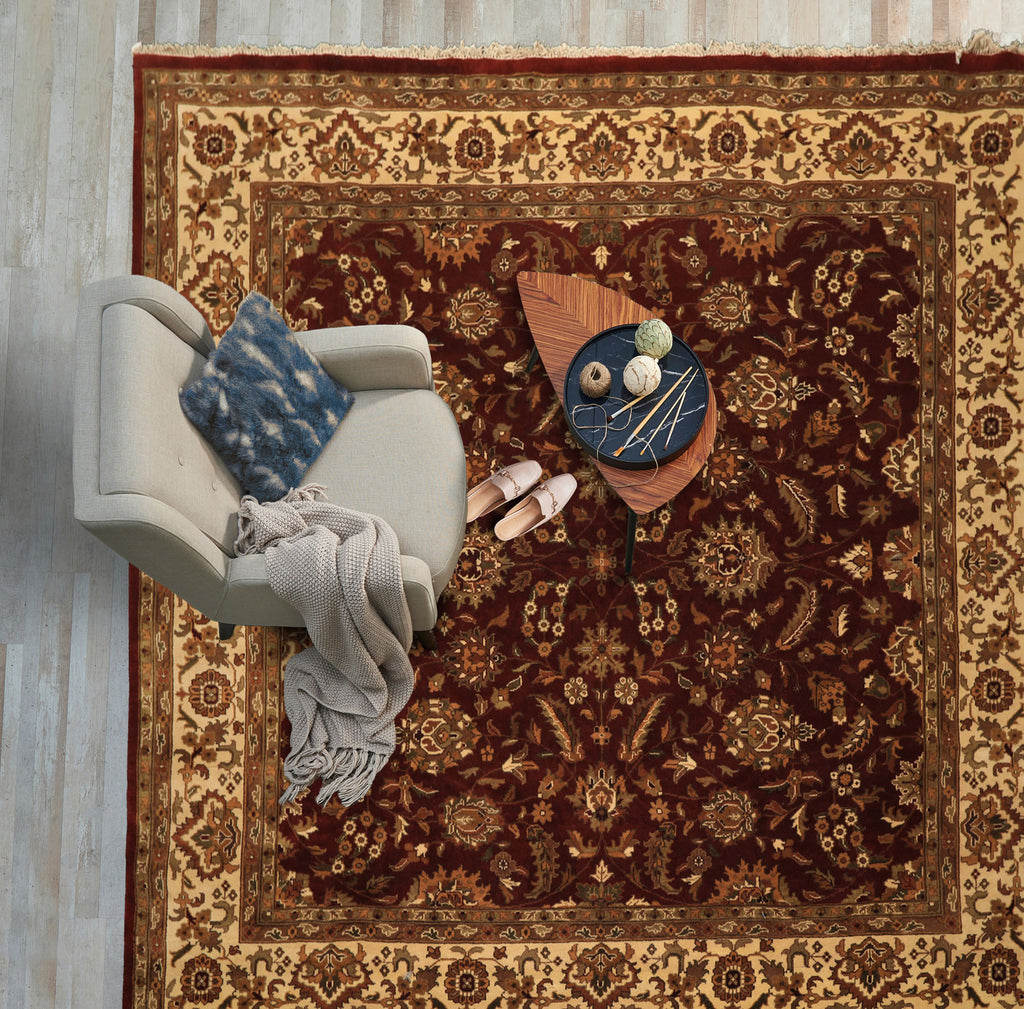 Square Maroon, Ivory, Moss Color Hand Knotted Agra Wool Traditional Oriental Rug