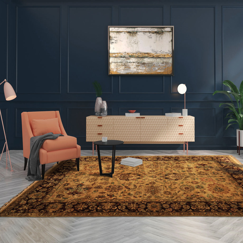 6x9 Gold, Maroon, Turquoise Color Hand Knotted Agra Wool Traditional Oriental Rug