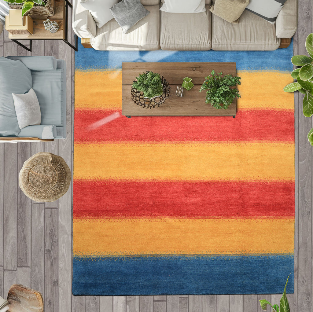 8x11 Gold, Rasberry, Aqua Color Hand Knotted Indo Gabbeh Wool Modern & Contemporary Oriental Rug