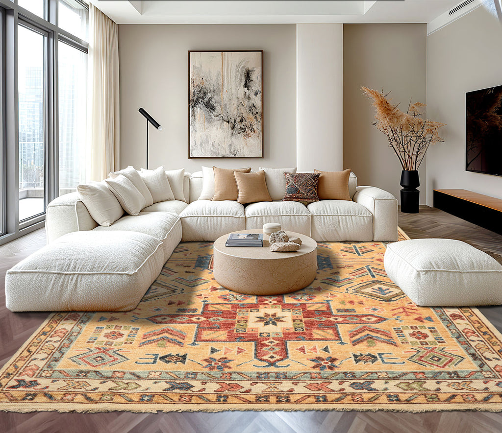 8x10 Peach, Ivory, Rust Color Hand Knotted Oushak Wool Traditional Oriental Rug