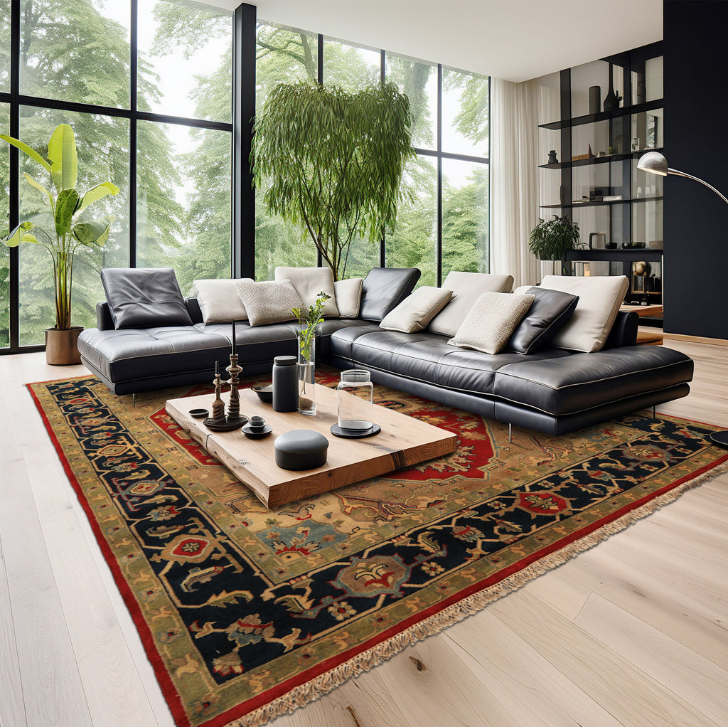 8x10 Red, Teal, Sage Color Hand Knotted Indo Heriz Wool Traditional Oriental Rug