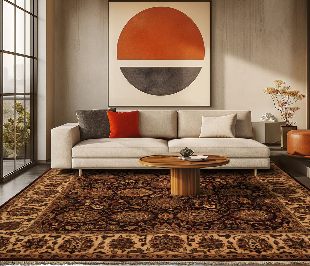 Square Chocolate, Ivory, Tan Color Hand Knotted Agra New Zealand Wool Traditional Oriental Rug