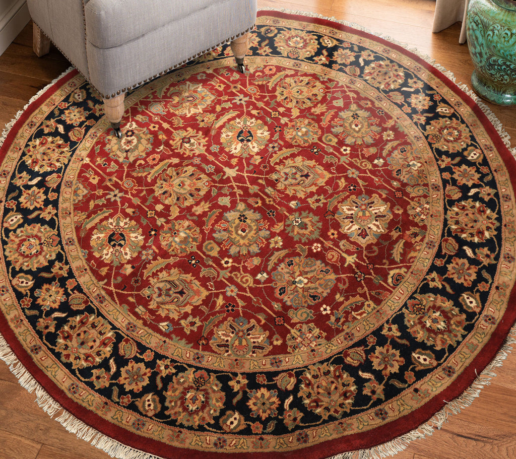 Round Red, Midnight Blue, Aqua Color Hand Knotted Agra Wool Traditional Oriental Rug