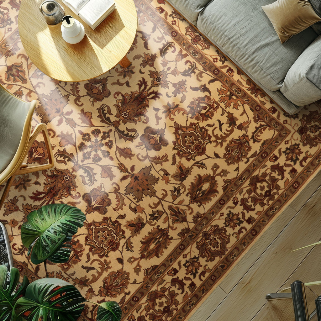 Square Ivory, Moss, Caramel Color Hand Knotted Agra Wool Traditional Oriental Rug