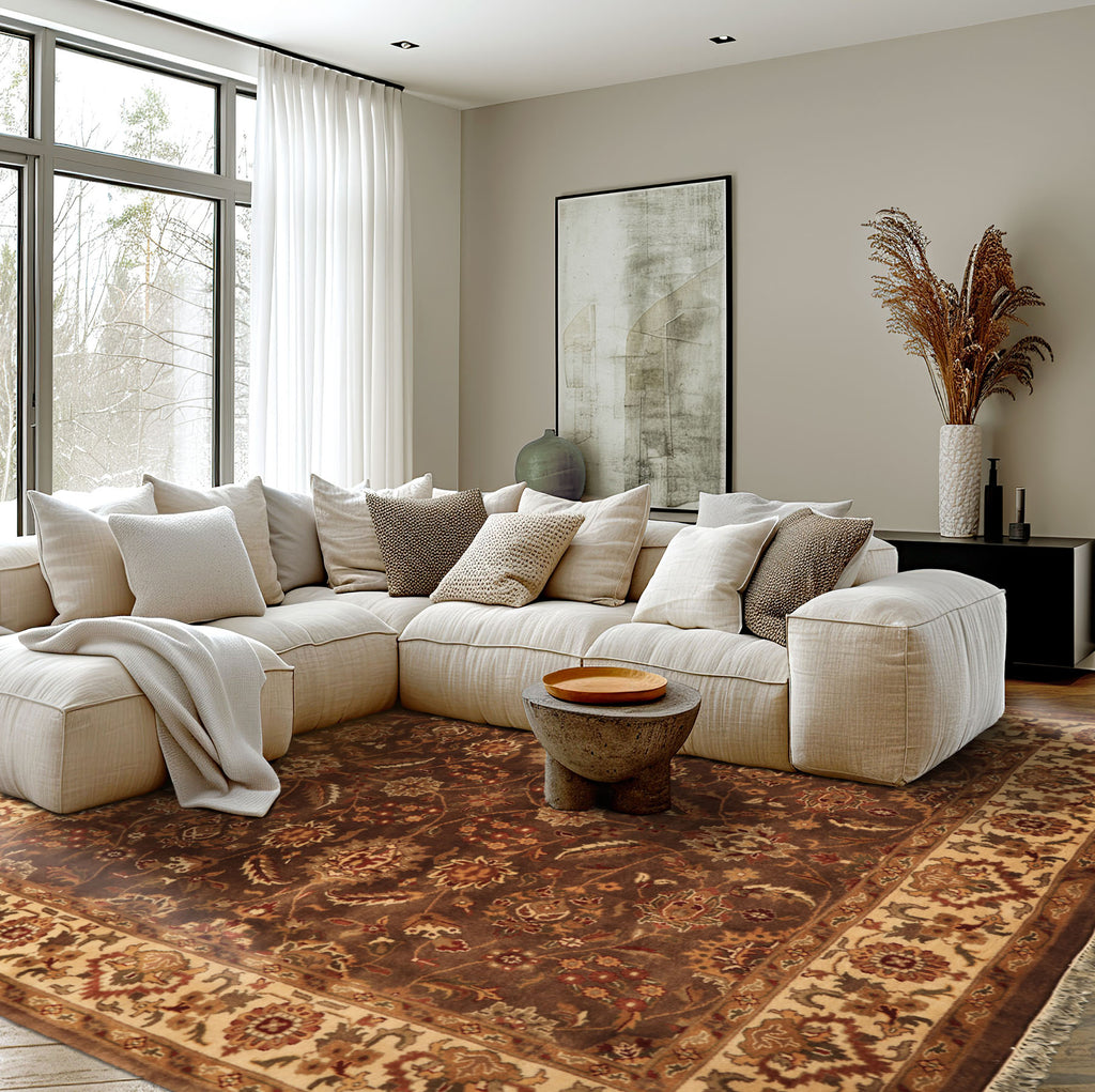 Square Brown, Ivory, Rust Color Hand Knotted Agra Wool Traditional Oriental Rug