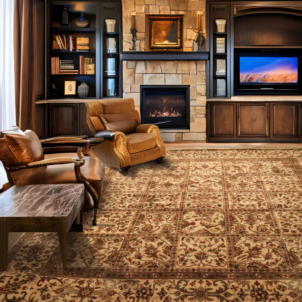 Square Ivory, Sage, Rust Color Hand Knotted Agra Wool Traditional Oriental Rug