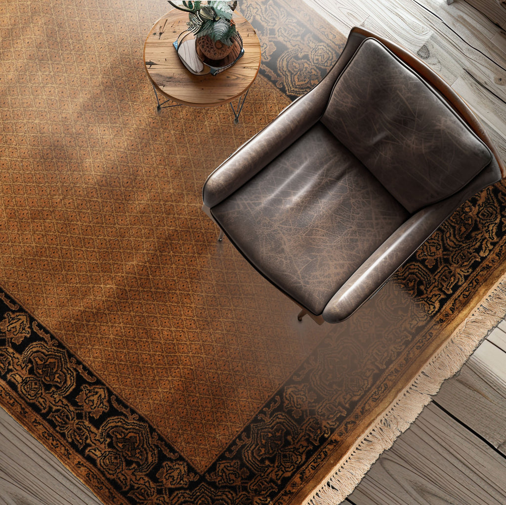 4x6 Gold, Black, Brown Color Hand Knotted Indo Tibetan New Zealand Wool Transitional Oriental Rug