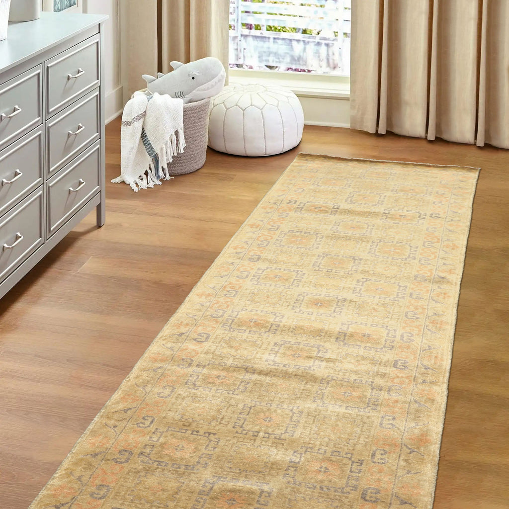 Runner Mint, Beige, Gray Color Hand Knotted Oushak Wool Transitional Oriental Rug