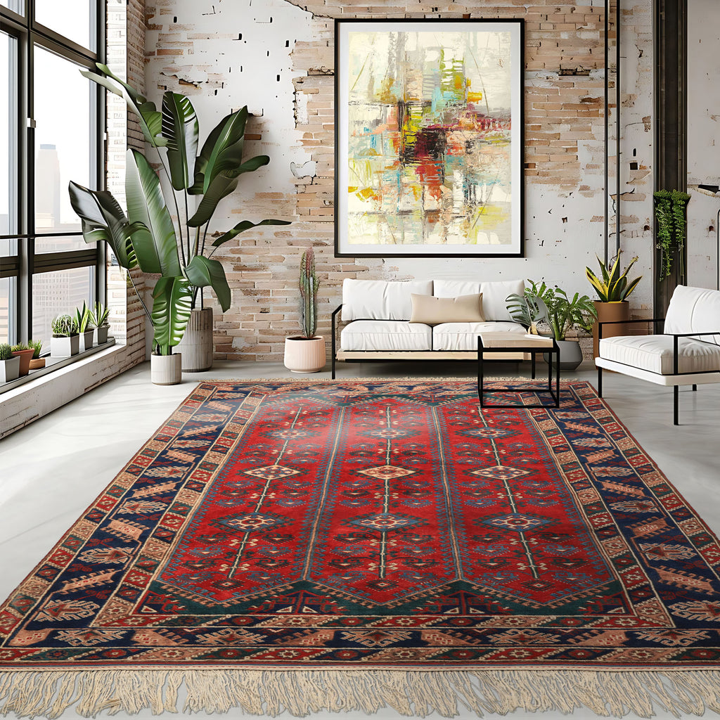 6x9 Red, Navy, Turquoise Color Hand Knotted Shirvan Wool Tribal Oriental Rug