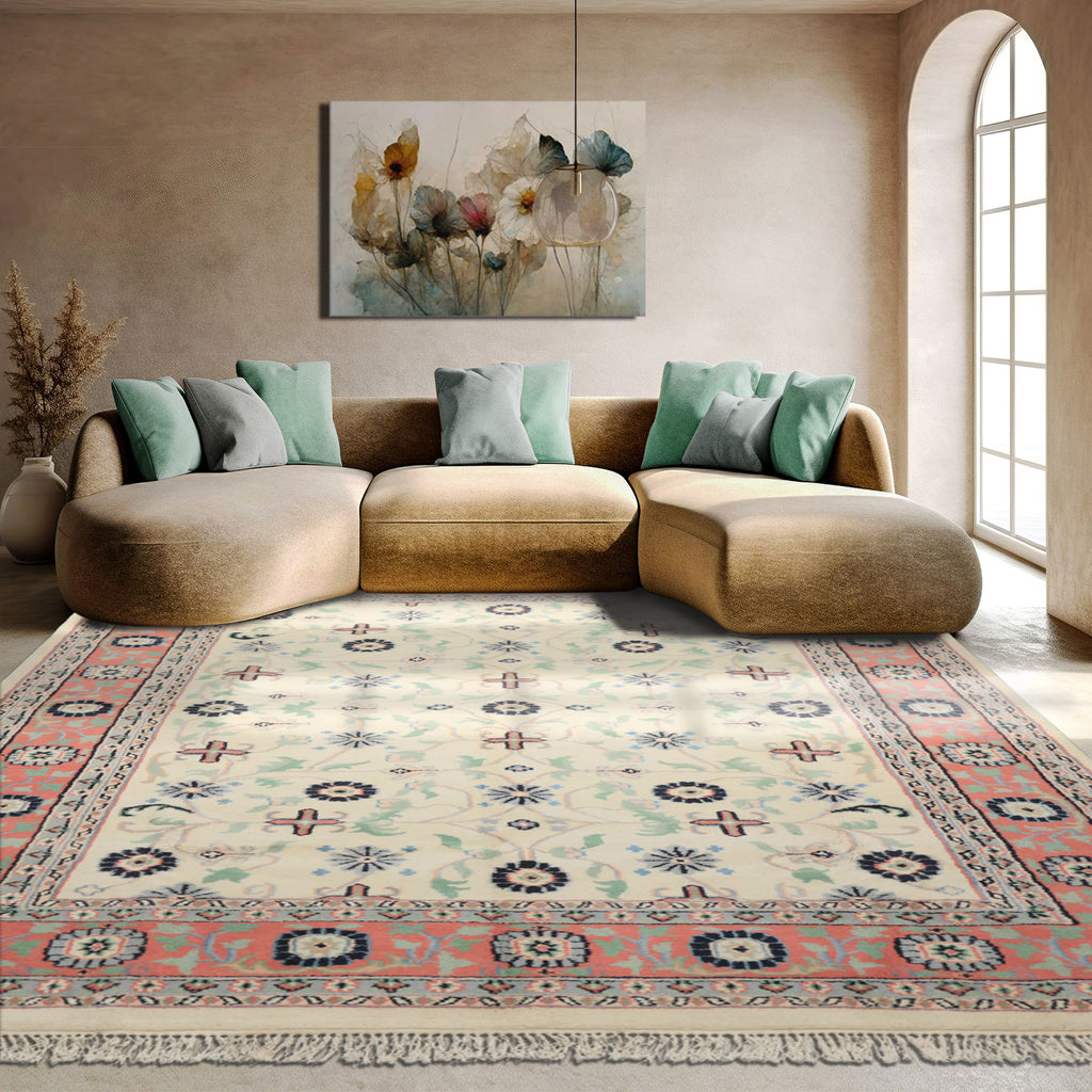 9x12 Ivory, Blush, Aqua Color Hand Knotted Organic Look Wool Traditional Oriental Rug
