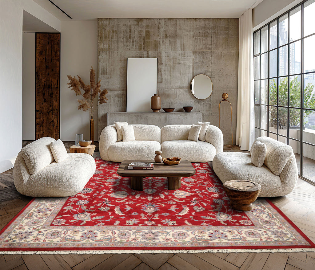 9x12 Fuschia, Ivory, Taupe Color Hand Knotted Indo Kashan Wool Traditional Oriental Rug