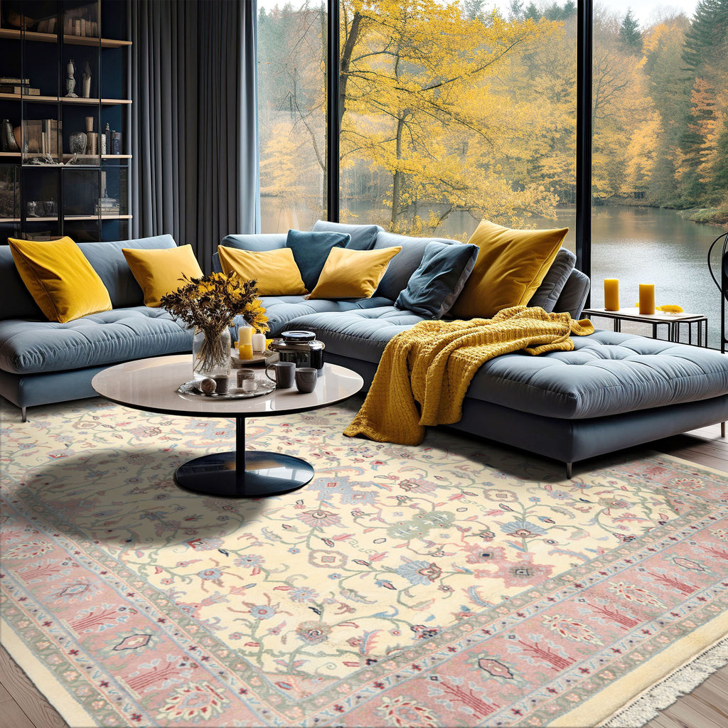 9x12 Ivory, Blush, Sage Color Hand Knotted Indo Kashan Wool Traditional Oriental Rug