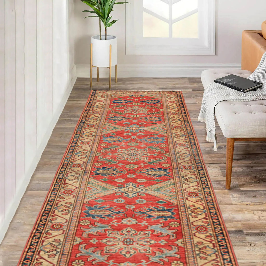 Runner Coral, Moss, Navy Color Hand Knotted Kazak Wool Traditional Oriental Rug
