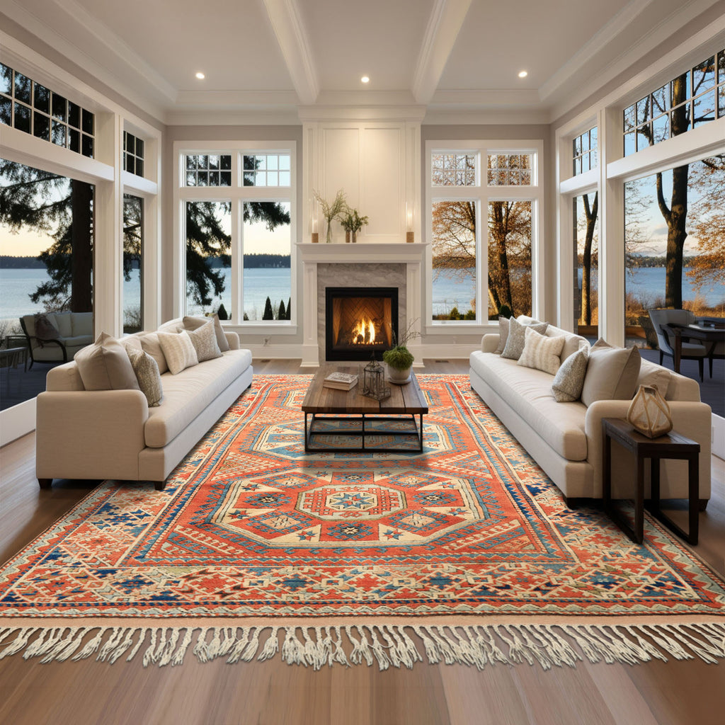 6x9 Burnt Orange, Ivory, Blue Color Hand Knotted Caucasian Kazak Wool Traditional Oriental Rug