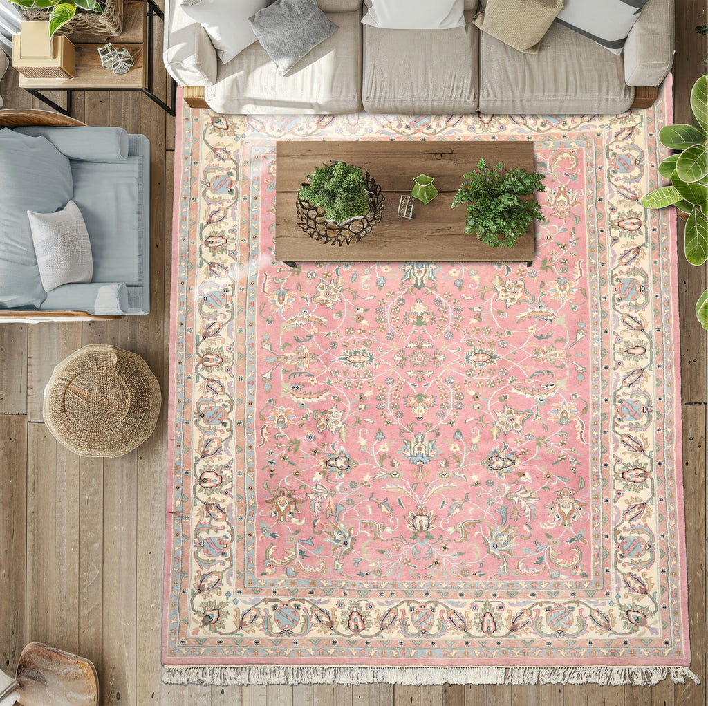 8x10 Dusty Rose, Ivory, Aqua Color Hand Knotted Indo Kashan Wool Traditional Oriental Rug