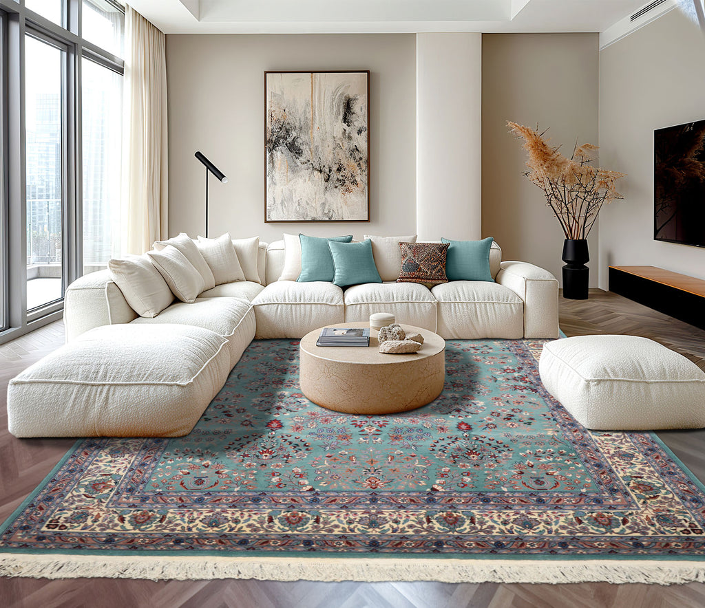 8x10 Turquoise, Ivory, Red Color Hand Knotted Indo Sarouk New Zealand Wool Traditional Oriental Rug