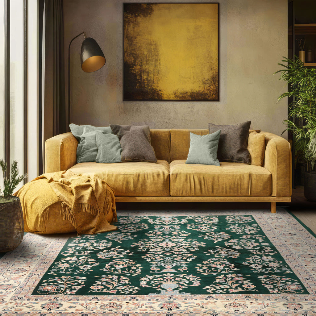 8x10 Emerald, Ivory, Blush Color Hand Knotted Indo Kashan Wool Traditional Oriental Rug