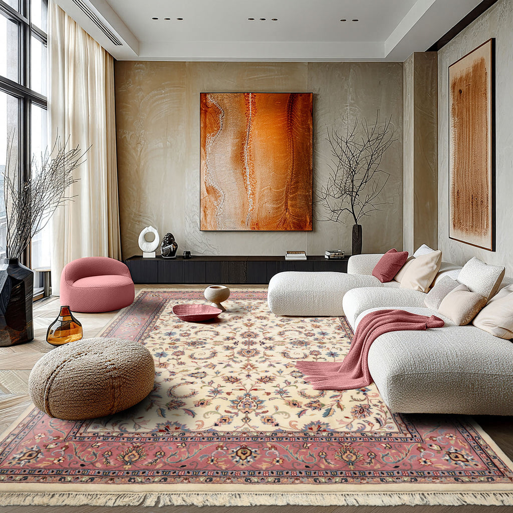 8x10 Ivory, Dusty Rose, Sage Color Hand Knotted Indo Kashan Wool Traditional Oriental Rug