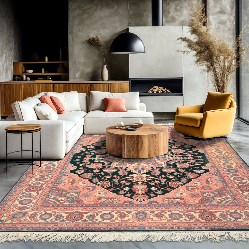 8x10 Emerald, Blush, Ivory Color Hand Knotted Indo Heriz Wool Traditional Oriental Rug