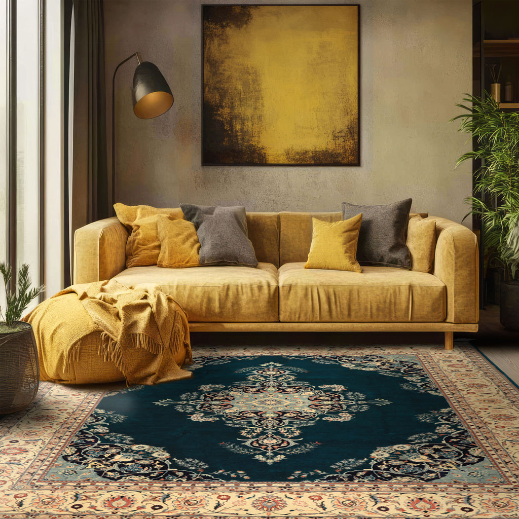 8x10 Teal, Ivory, Navy Color Hand Knotted Pak Persian New Zealand Wool Traditional Oriental Rug