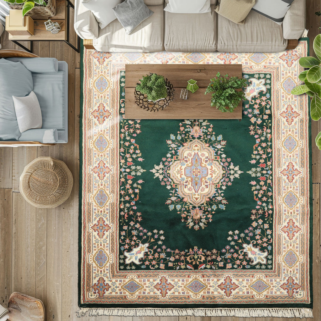 6x9 Green, Ivory, Rose Color Hand Knotted Indo Kerman Wool Traditional Oriental Rug