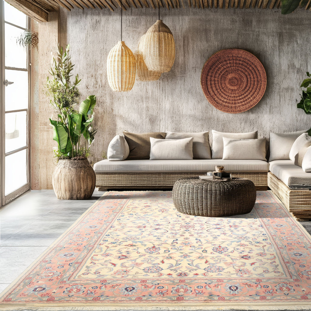 6x9 Ivory, Blush, Aqua Color Hand Knotted Indo Kashan Wool Traditional Oriental Rug
