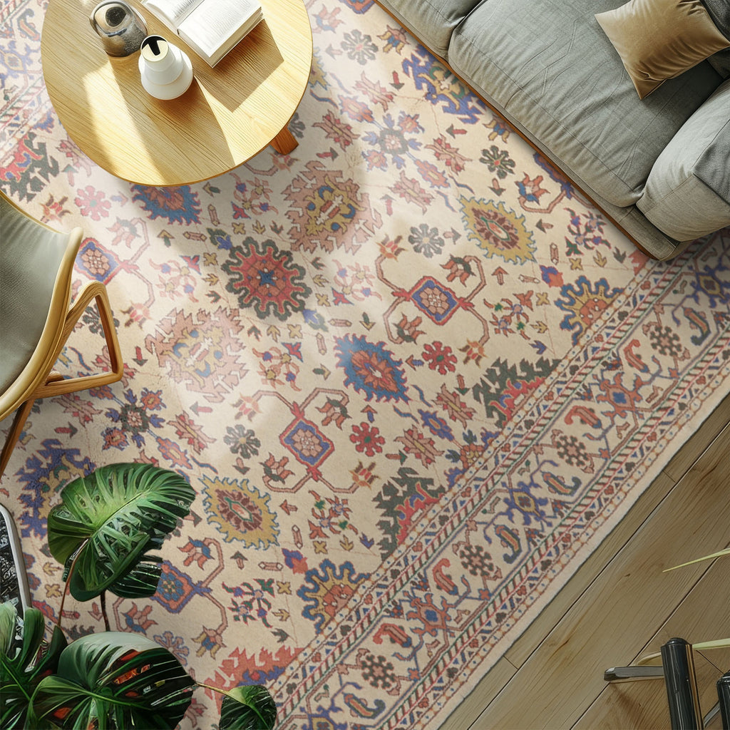 5x8 Ivory, Aqua, Lime Color Hand Knotted Oushak Wool Arts & Crafts Oriental Rug